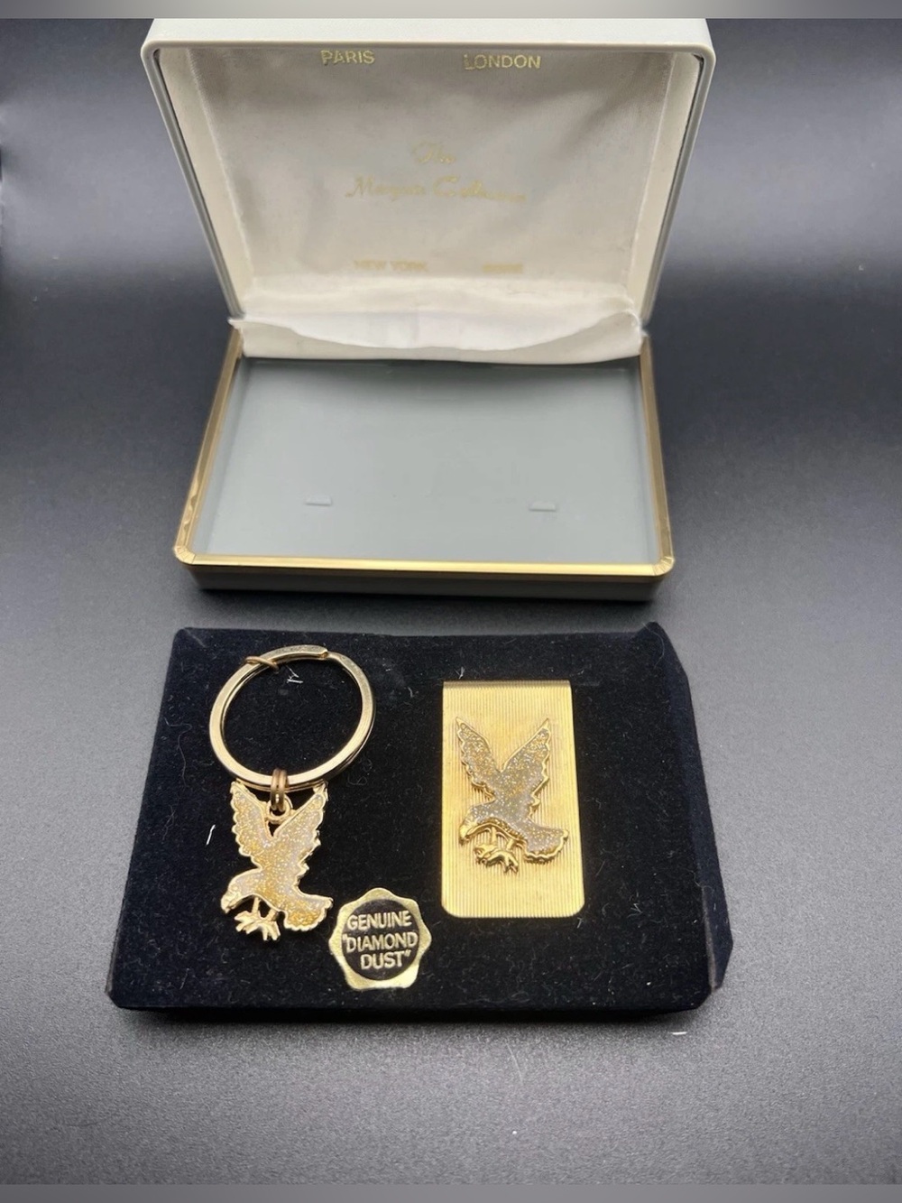 Vtg Eagle Keychain Money Clip Box Set Gold Tone Diamond Dust Patriotic American